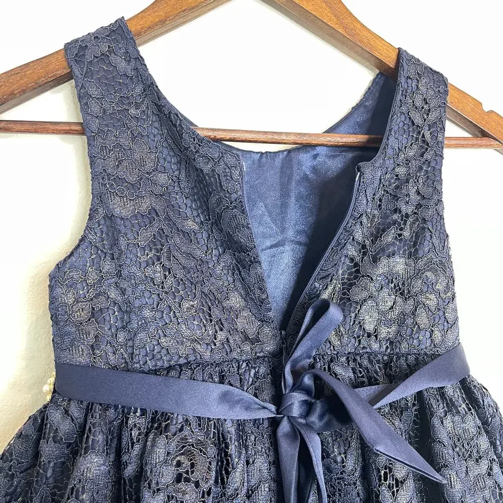 American Princess Girls Navy Gold Lace Dress Pearl Waist Bow Size 6X 7 Formal